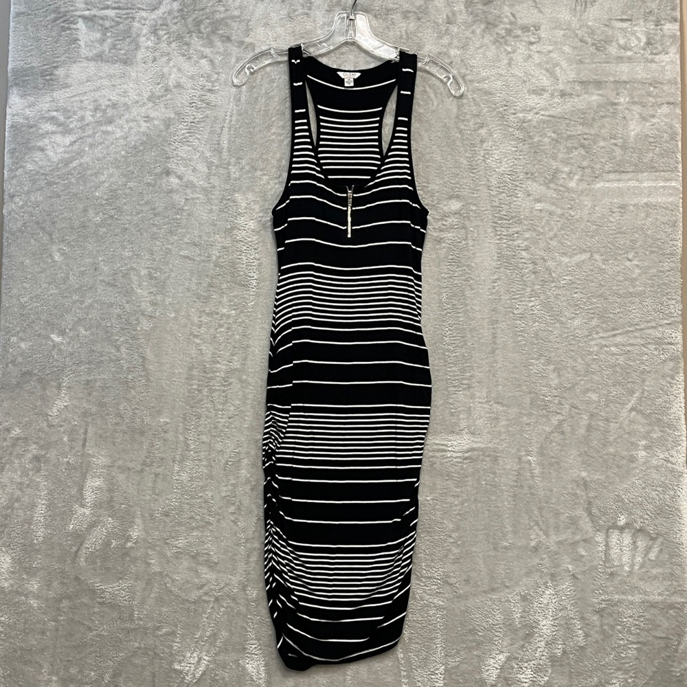 Guess Bodycon Dress Womens Small Black Striped Ruched Racerback Zip Front